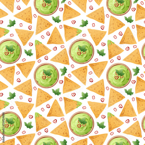 Seamless pattern with nachos on a white background. Traditional Mexican food. Corn chips with guacamole sauce. Vector background for wrapping paper, fabric, wallpaper. Latin American food