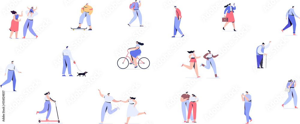 City street, park. Different people silhouettes walking outdoor, riding bicycle, sitting on bench, walking with friends. Crowd illustration