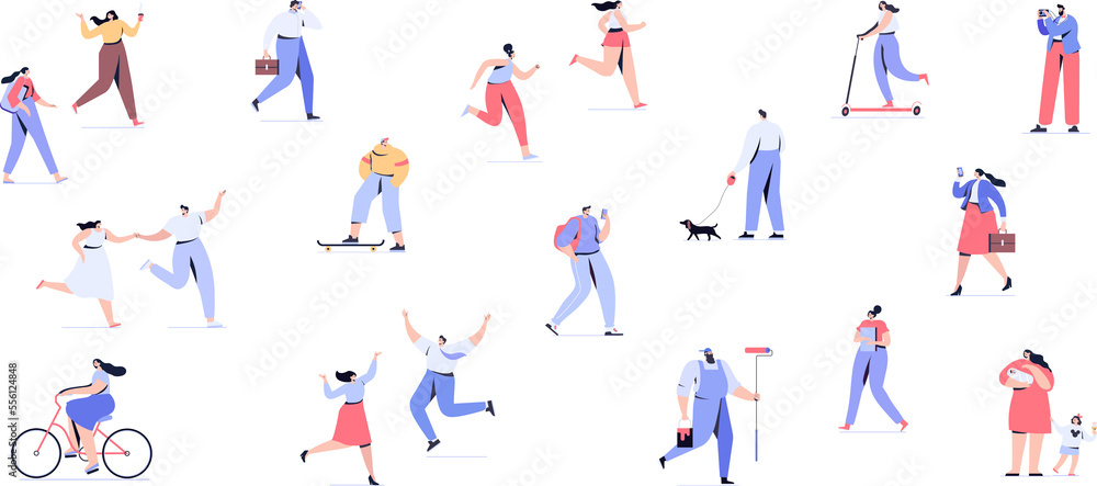 City street, park. Different people silhouettes walking outdoor, riding bicycle, sitting on bench, walking with friends. Crowd illustration City street, park. Different people silhouettes walking outdoor, riding bicycle, sitting on bench, walking with friends. Crowd illustration