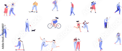 City street  park. Different people silhouettes walking outdoor  riding bicycle  sitting on bench  walking with friends. Crowd illustration