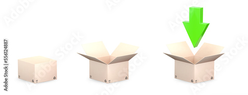 3 cartons sur fond transparent, un fermé, un ouvert et un ouvert avec une flèche - rendu 3D photo