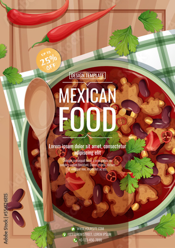 Flyer template with bean soup. Delicious dish with kidney beans, meat, corn, tomatoes and chili peppers.Traditional Mexican food.