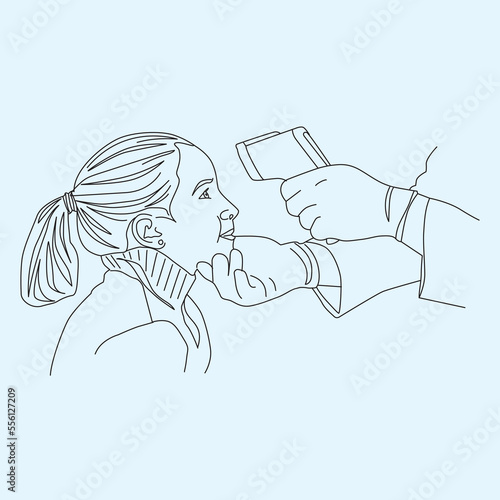 Doctor checking temperature, line drawing art, vector illustration