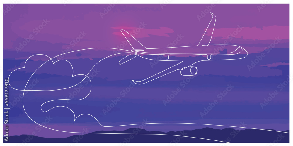 Fototapeta premium Continuous line drawing of flying passenger plane. Colorful sky background. Vector illustration.