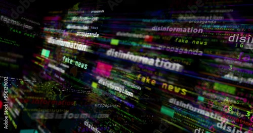 Disinformation media and abstract screen 3d seamless looped. Fly between glitch and noise text concept of fake news, hoax, false information and propaganda.