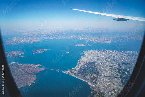 Photography view on san francisco downtown from airplane window