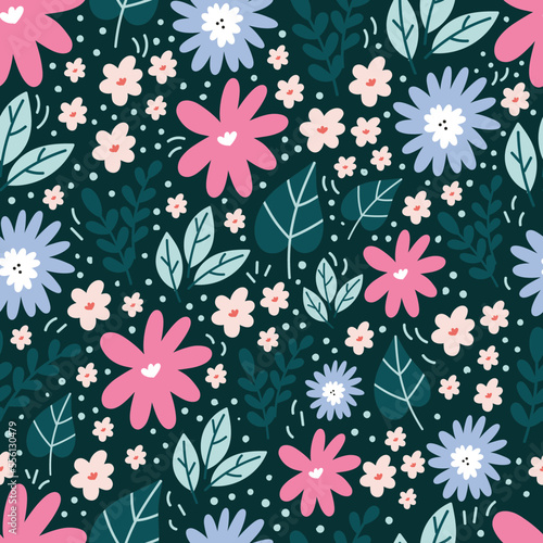 Botanical seamless pattern with green leaves and yellow flowers on pastel pink background. Leaves and flowers wallpapers. Florals background.