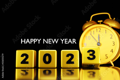 Clock counting to the happy new year 2023, black background, 3d rendering illustration