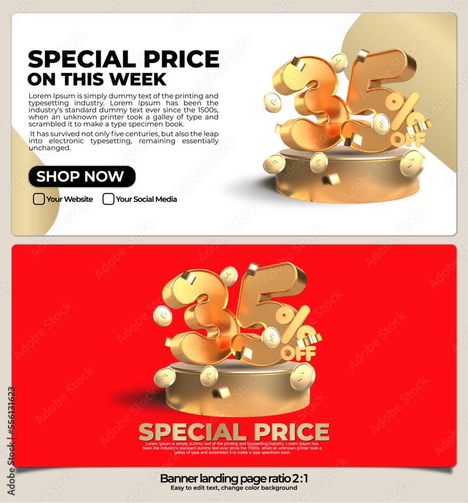 Fototapeta premium banner pack for landing page, online shop discount sale gold promo product, special price on week with 3D render number 35% and element gold style, easy to edit, ready to use