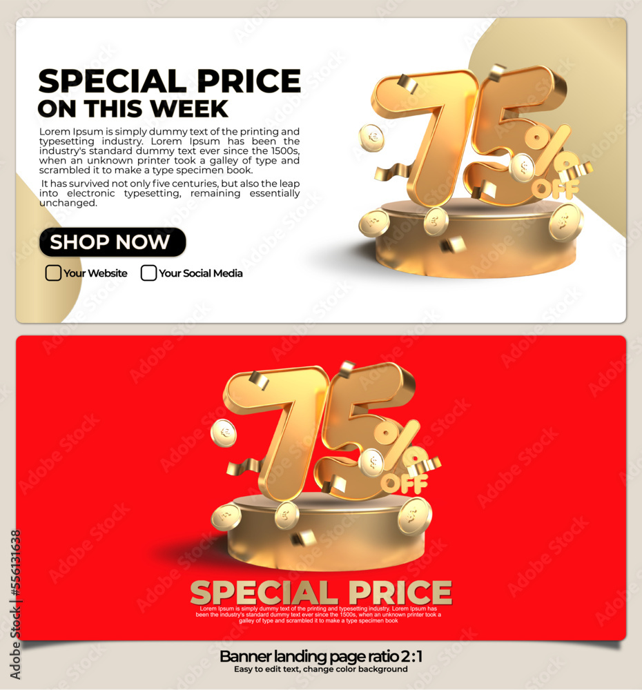 banner pack for landing page, online shop discount sale gold promo product, special price on week with 3D render number 75% and element gold style, easy to edit, ready to use banner pack for landing page, online shop discount sale gold promo product, special price on week with 3D render number 75% and element gold style, easy to edit, ready to use