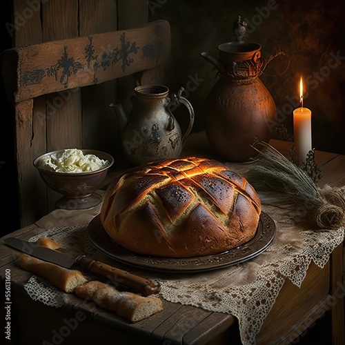 Serbian Orthodox Christmas eve. Table set up. Bread and candle. Česnica bread. Generative ai.