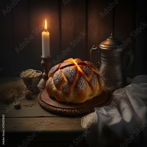 Serbian Orthodox Christmas eve. Table set up. Bread and candle. Česnica bread. Generative ai.