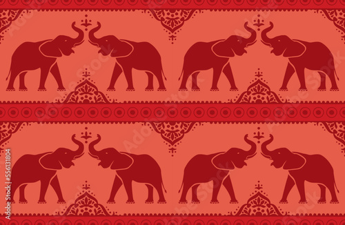 Seamless pattern with elephants on a burgundy red background in Indian style. Print for fabric, vector illustration