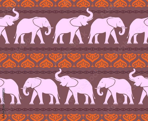 Seamless pattern with elephants in dark color in Indian style. Print for fabric, vector illustration