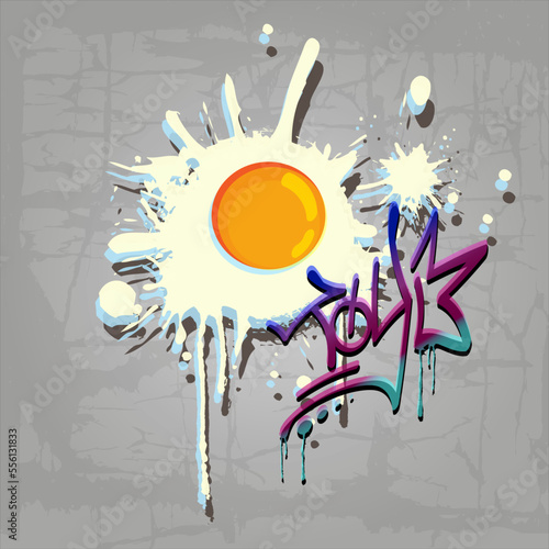 Broken egg with graffiti lettering toy. Street style trendy bright vector illustration isolated on concrete wall. Urban, tag  toy squeezer effect.