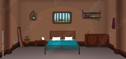 Village room inside cartoon background vector, poor room interior illustration.