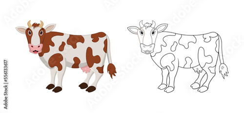 Happy cartoon cow with line art, cow sketch color less page isolated on white background.