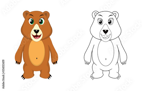 Happy cartoon bear with line art  bear sketch color less page isolated on white background.