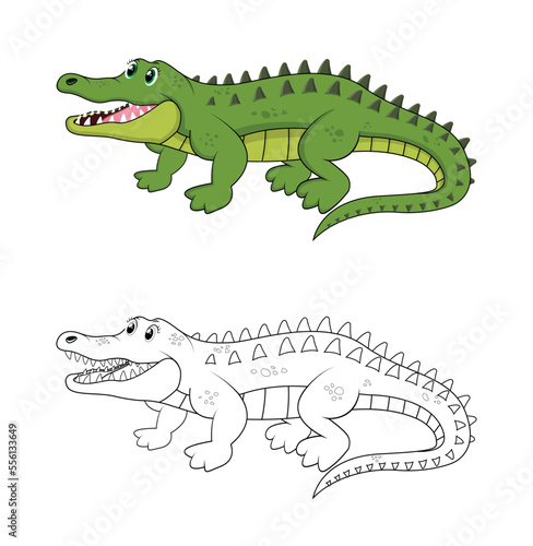 Happy cartoon alligator with line art, alligator sketch color less page isolated on white background.