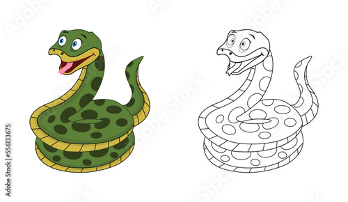 Happy cartoon snake with line art, snake sketch color less page isolated on white background.