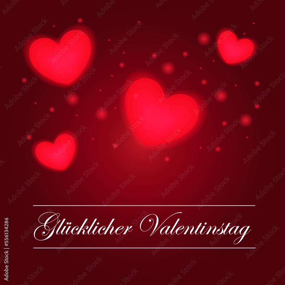 A beautiful Valentine's day card with glowing neon hearts and a red gradient and an inscription in German 