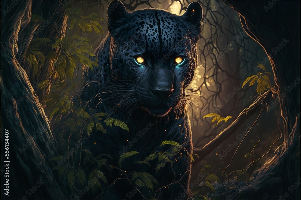 Panther in a dark forest with glowing eyes hunch background Stock