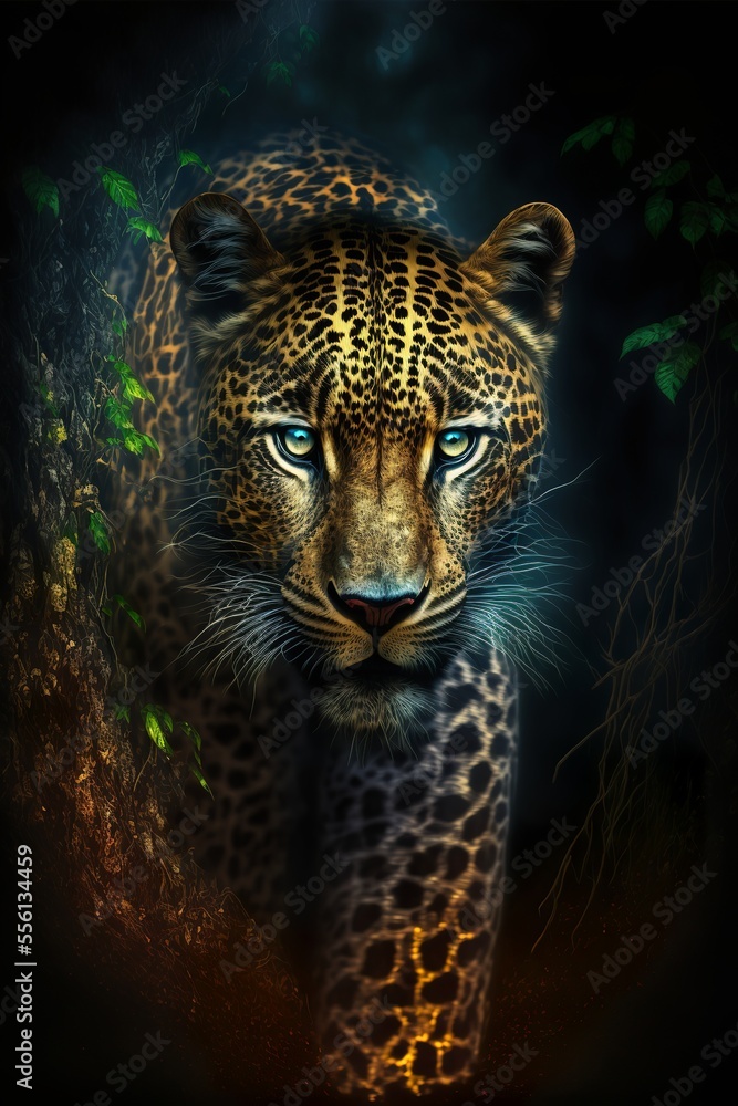 Panther in a dark forest with glowing eyes hunch background Stock  Illustration | Adobe Stock