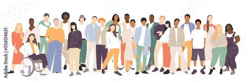 Different people stand side by side together. Flat vector illustration.