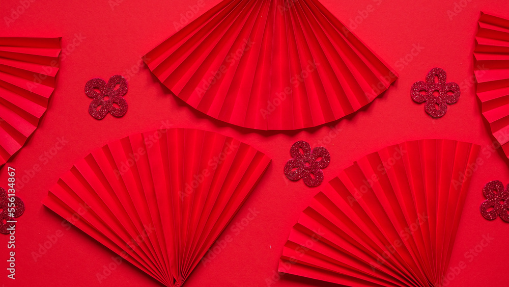 Chinese New Year 2023 .Decor pattern fan on red background. Red paper fans .Lunar New Year banner template.  Lunar New Year,chinese banner