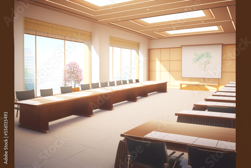 Al generated illustration of a modern meeting room in an office tower. Generative AI art