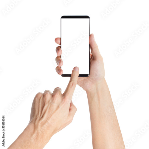 Hands holding black smartphone, isolated on white background