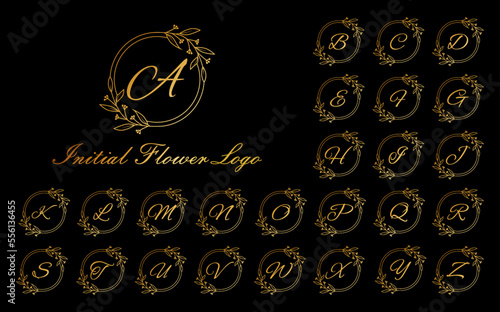 Set of Luxury Circle Alphabet Letter Floral Design. Elegant Gold Alphabet Royal Logo Icon.