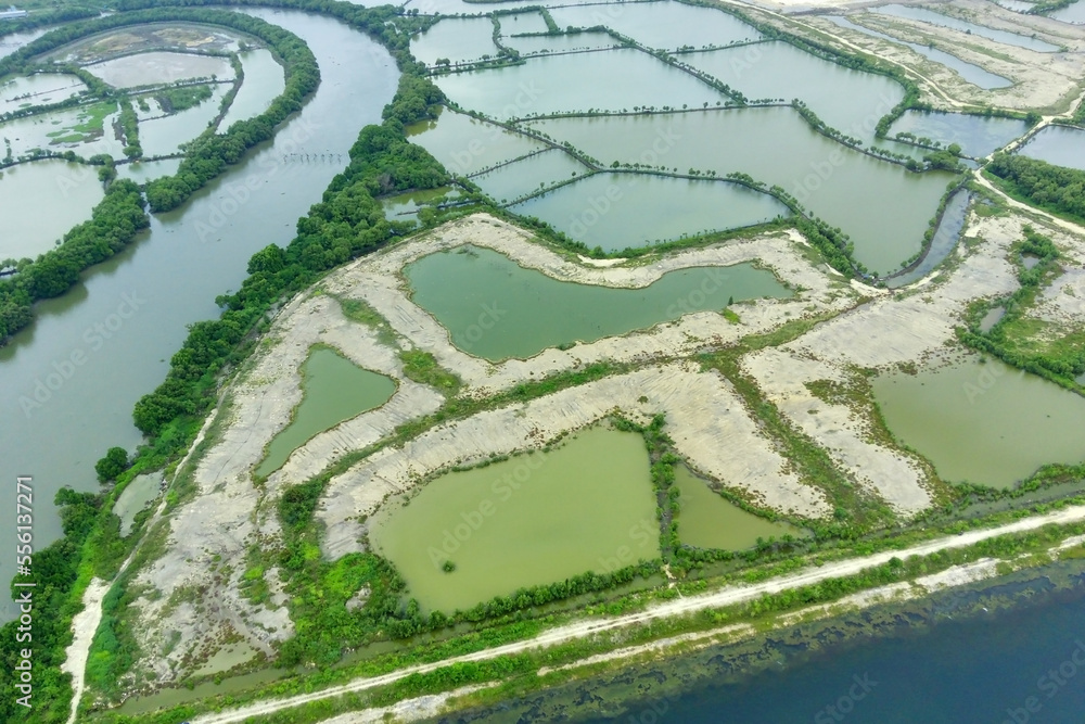 Fototapeta premium Aerial view of fish farms near the Bengawan Solo river, Gresik, Indonesia