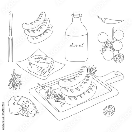 Meat and meat products, vegetables. Freehand drawing. Editable outline