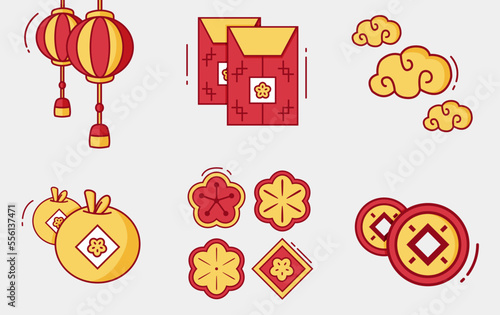 Chinese New Year elements set. isolated icons collection, coins, lantern, red envelope, flower, cloud. Editable vector illustrations. flat illustration style.