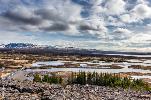 Thingvellir, strada che porta verso una estesa pianura circondata da montagne innevate e tagliata da ruscelli, in primo piano si sono degli abeti photo