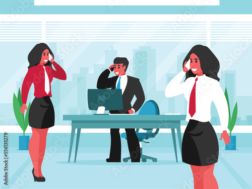 Sales department. Business People talking on the smartphone. Business conversation. Businessman and business women speaks on the phone. Voice chat. Vector graphics
