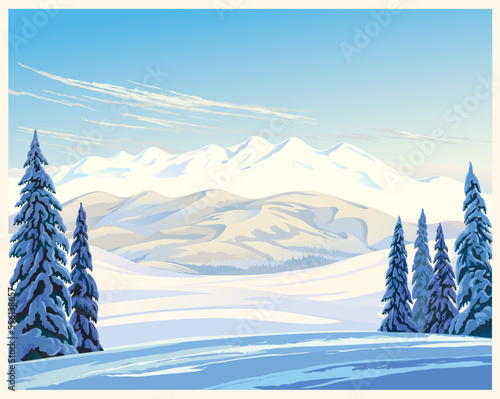 Winter landscape with snow-covered mountains peak and hills illuminated by the winter sun, and standing in the foreground with snow-covered fir trees. Vector illustration.