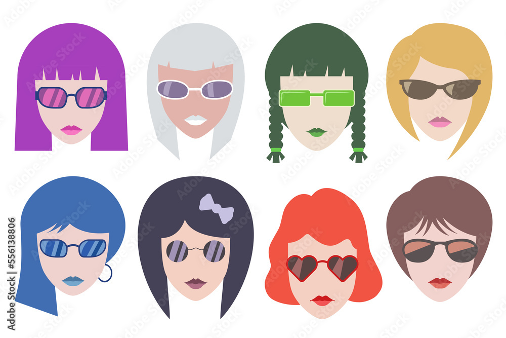 Girls in sunglasses. Hipster girls with colorful hairs and glasses. For avatar, logo, icon, web, print, media and other. Girls in sunglasses. Hipster girls with colorful hairs and glasses. For avatar, logo, icon, web, print, media and other.