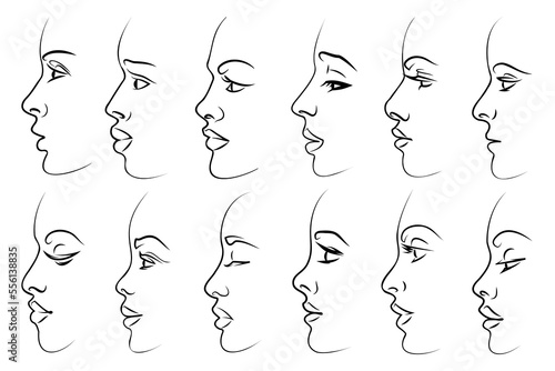women profile portrait. Woman line art set with black thin line. Elegant women face side view, beautiful female portraits collection.