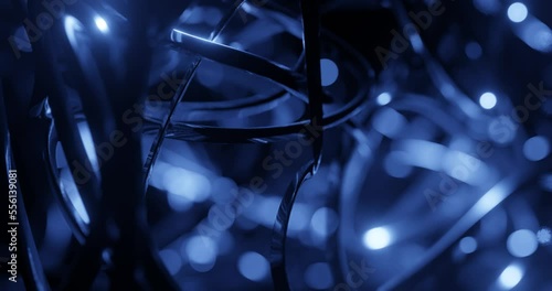 3d render with blue curved wires with bokeh, soft focus