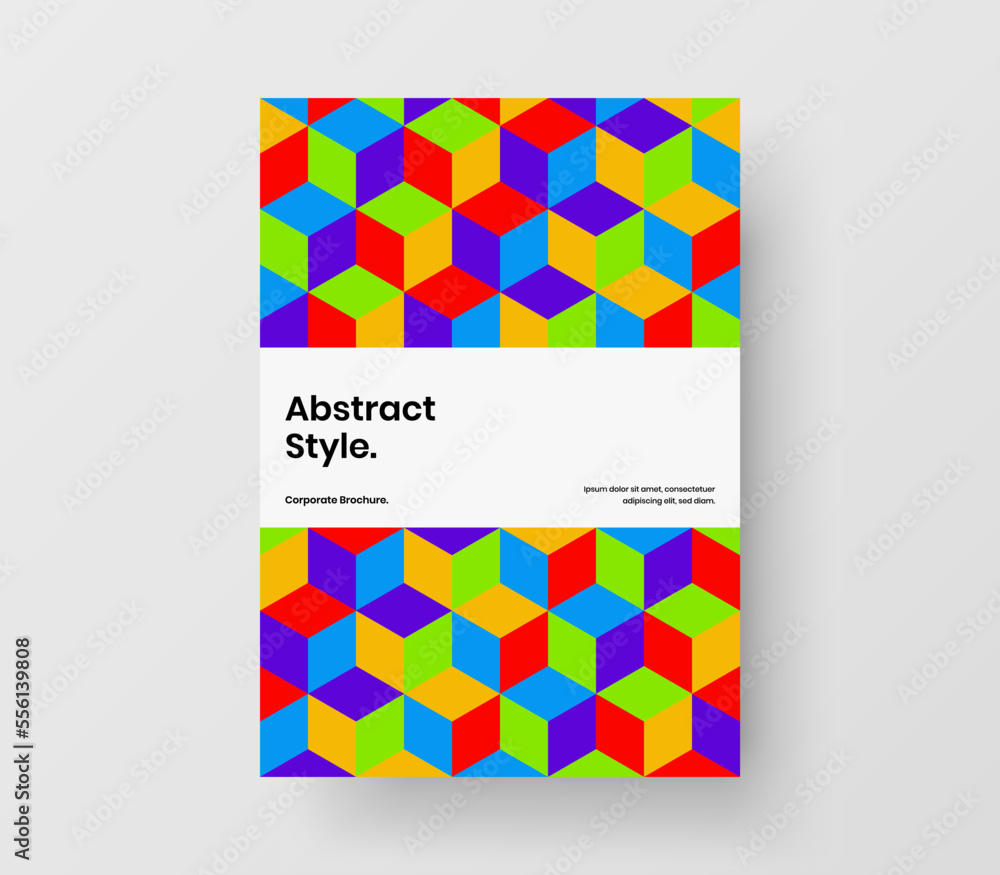 Vivid leaflet A4 vector design concept. Bright mosaic hexagons brochure illustration.