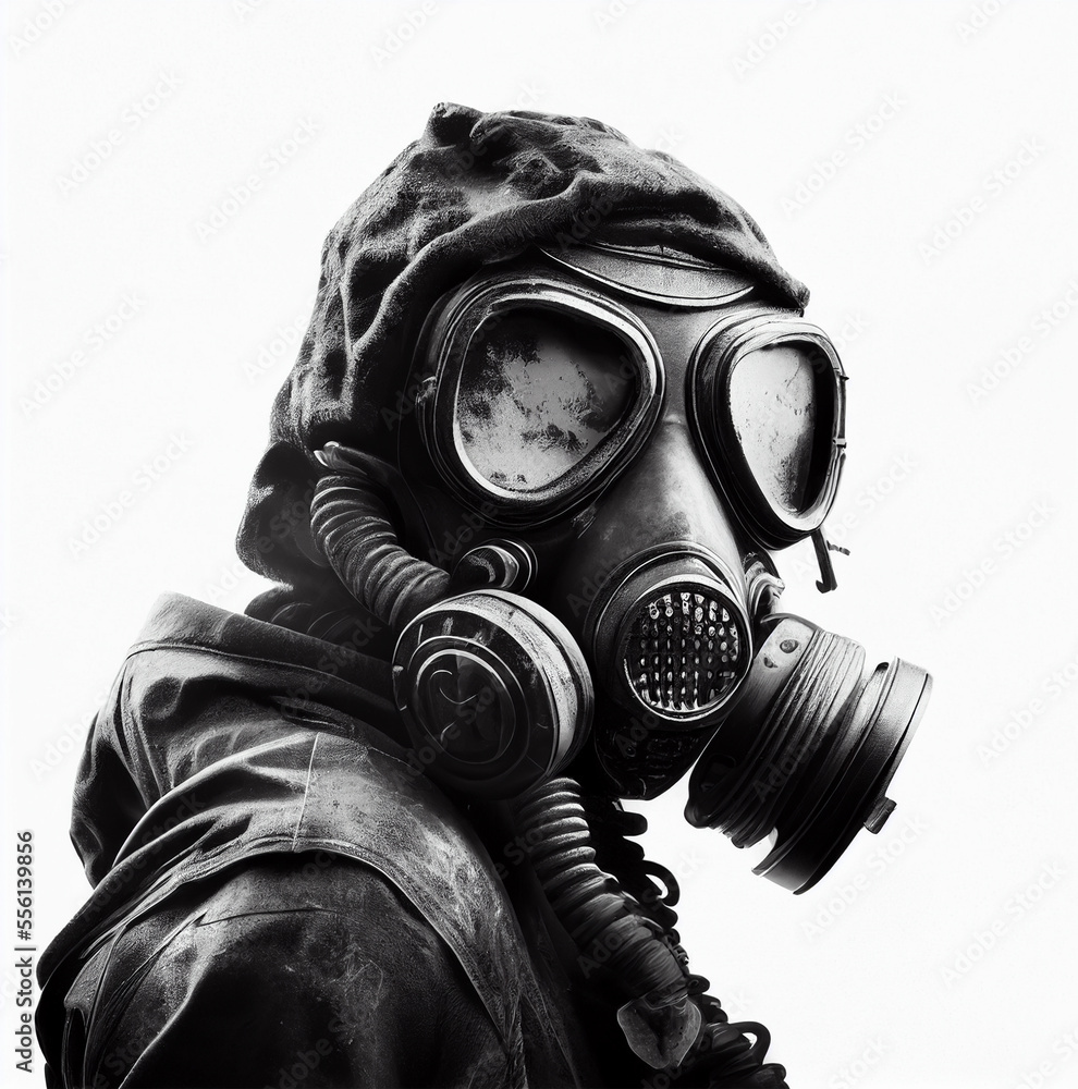 Man in a gas mask hood isolated on white background. Close-up Stock Photo Adobe Stock