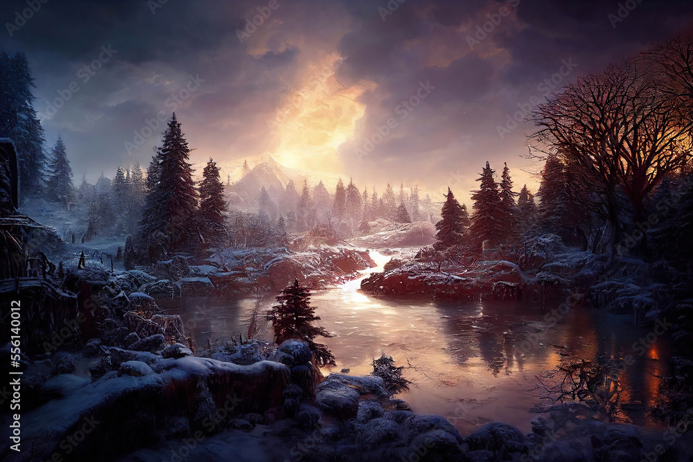 Beautiful picturesque winter landscape with a forest lake and forest, winter scene, AI generated image