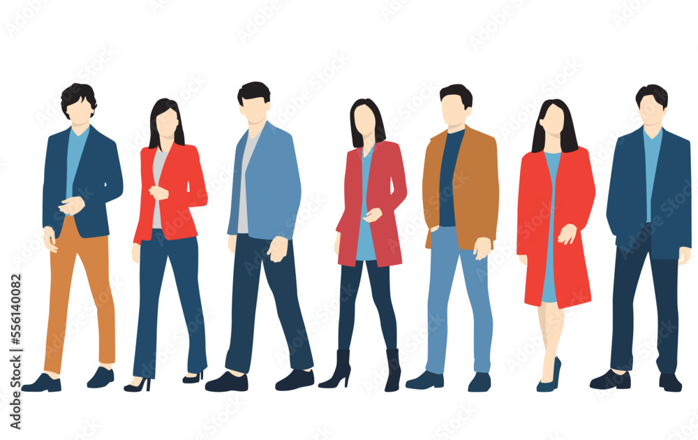 Obraz premium Set of young men and women, different colors, cartoon character, group of silhouettes of standing business people, students, the design concept of flat icon, isolated on white background