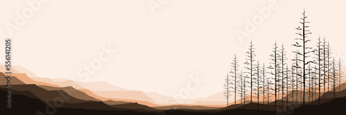 sunset landscape with pine tree silhouette mountain vector illustration for pattern background, wallpaper, background template, and backdrop design