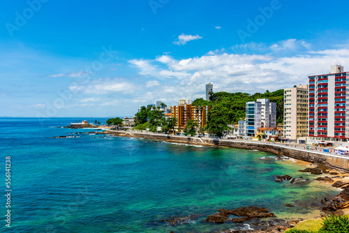 Waterfront of the city of Salvador in Bahia with Barra beach, Oceanic avenue and the Fort of Santa Maria on a sunny day