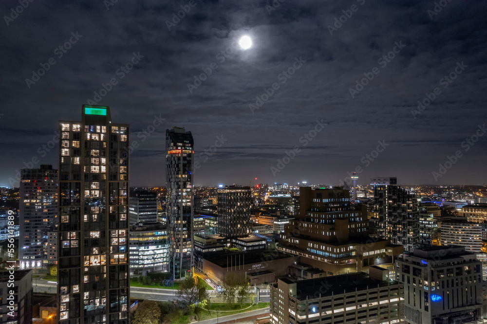 Moonlit aerial view of apartment buildings of the Liverpool city skyline Moonlit aerial view of apartment buildings of the Liverpool city skyline