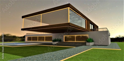 Pink illumination of the window arches and elements of the estate of an exclusive private residence at night. A good banner for advertising suburban real estate. 3d rendering.