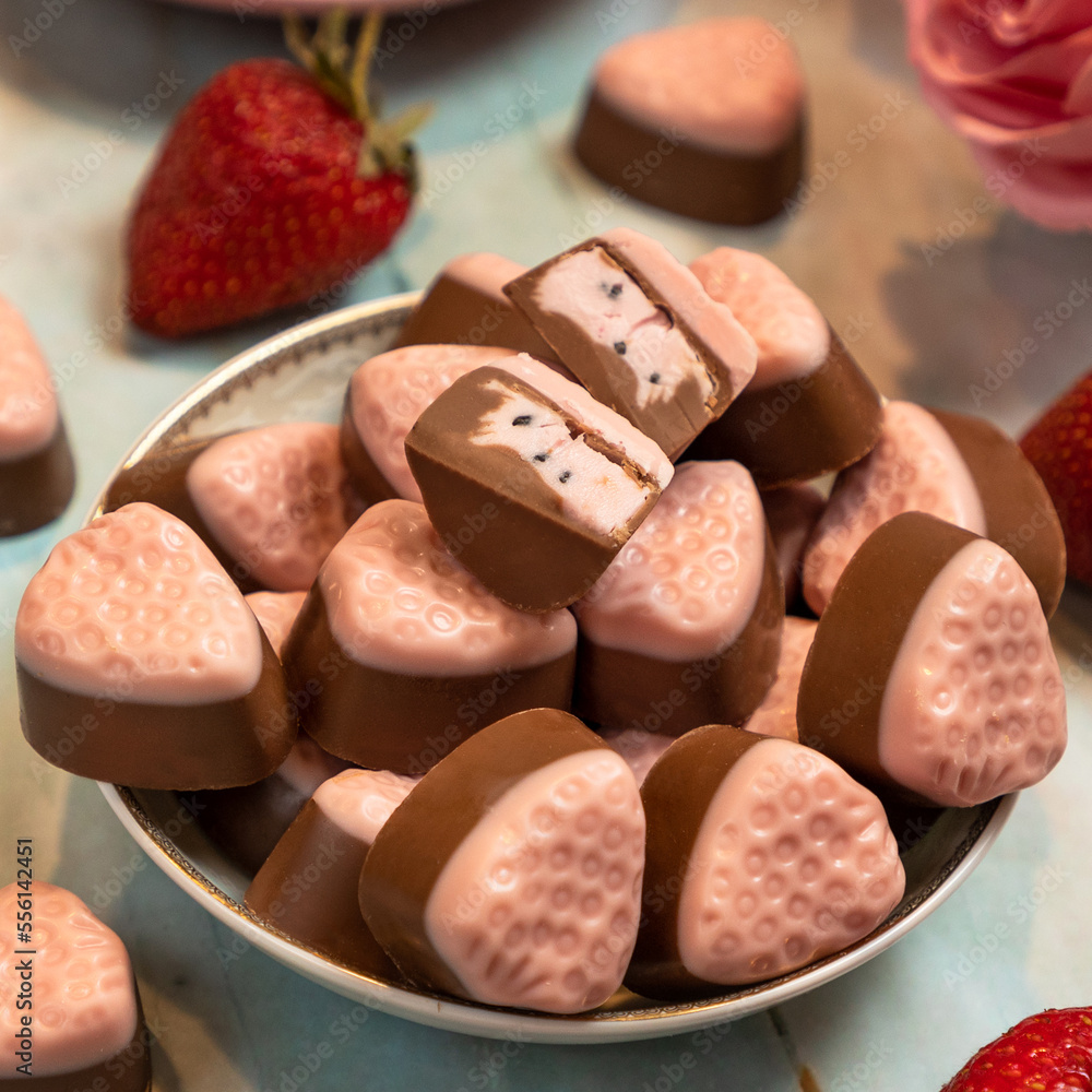 Chocolate with strawberries close up Chocolate with strawberries close up